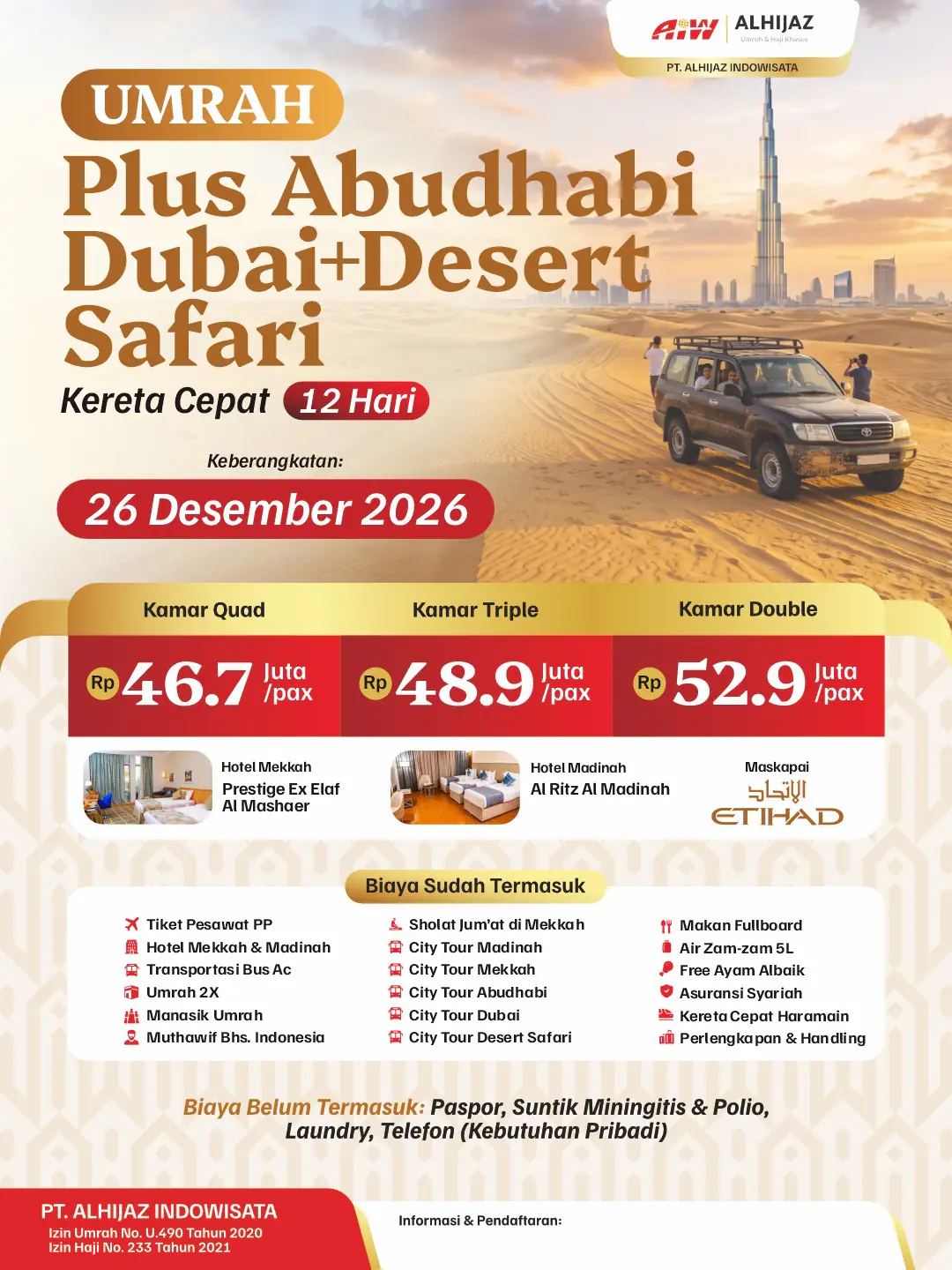 Plus Abudhabi+dubai+desert Safari 12hr ( Kereta Cepat)