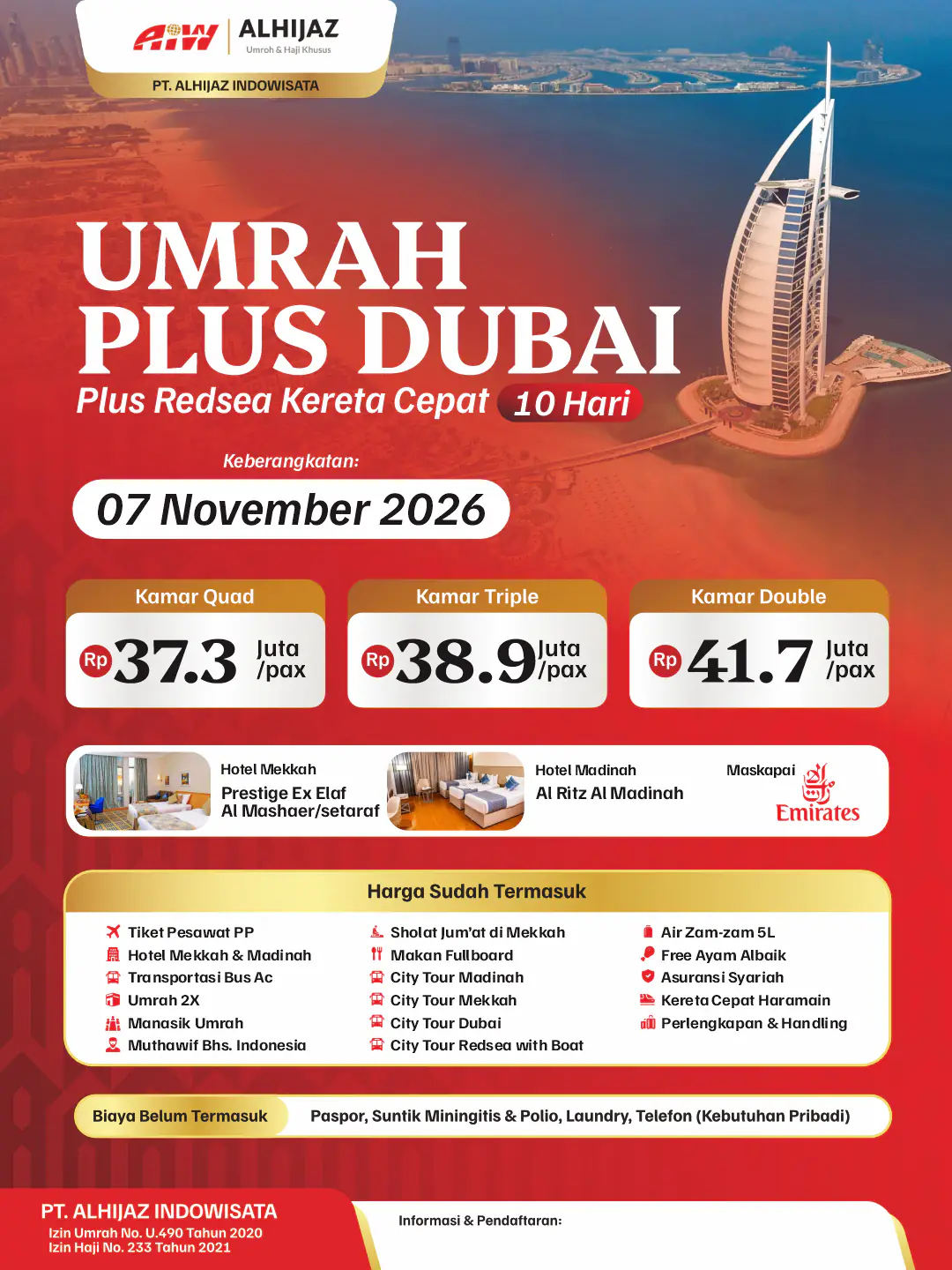 Plus Dubai+redsea 10hr (Kereta Cepat) Mix Rahmah & Uhud