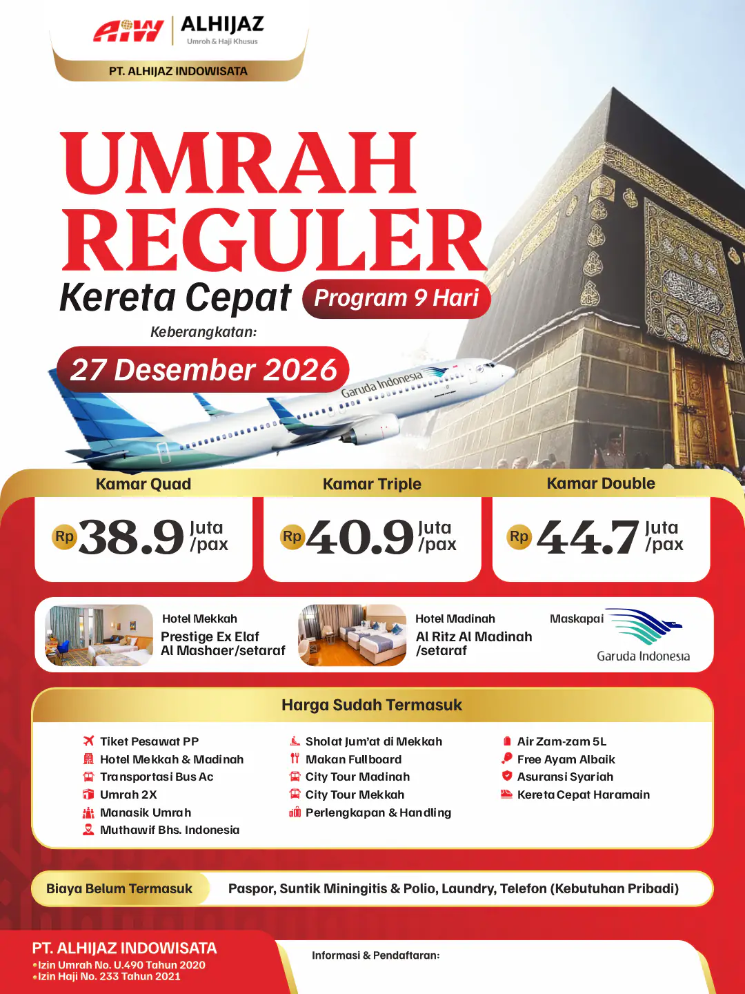 Umrah Reguler Vip Rahmah Mix Uhud 9hr ( Kereta Cepat)