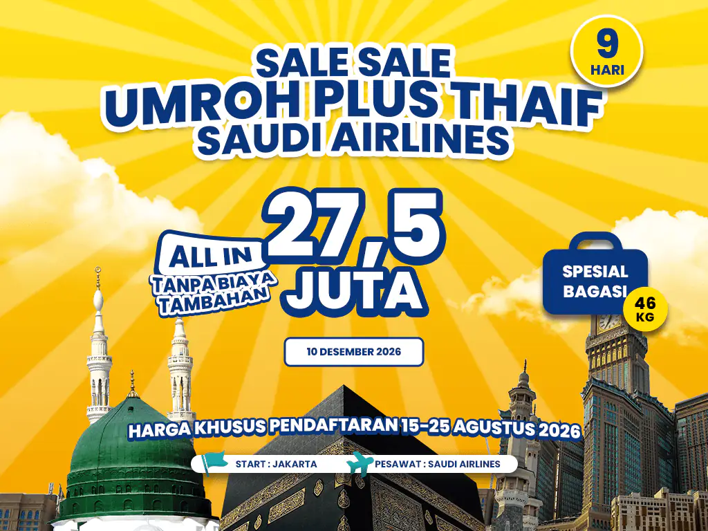 Umroh Plus Thaif 9 Hari Start Jakarta (Madinah Dahulu Lalu Ke Mekkah) (10 Desember 2026)